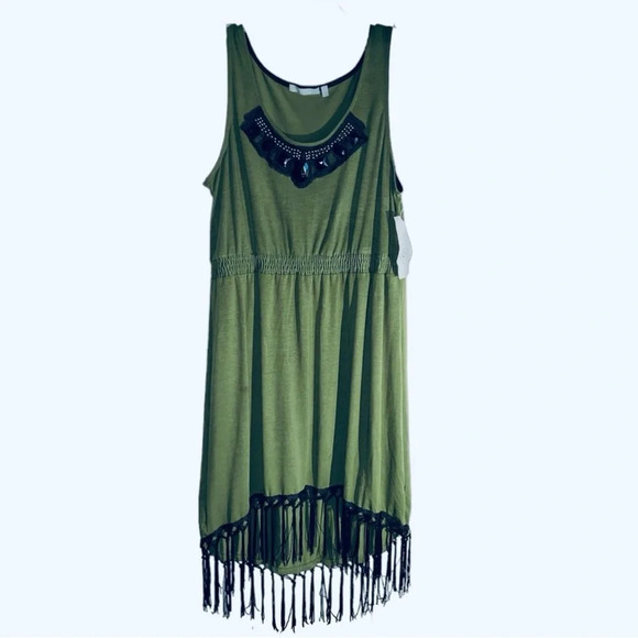 NY Collection Olive Green Shirt Dress With Fringe Sz L - Picture 1 of 4